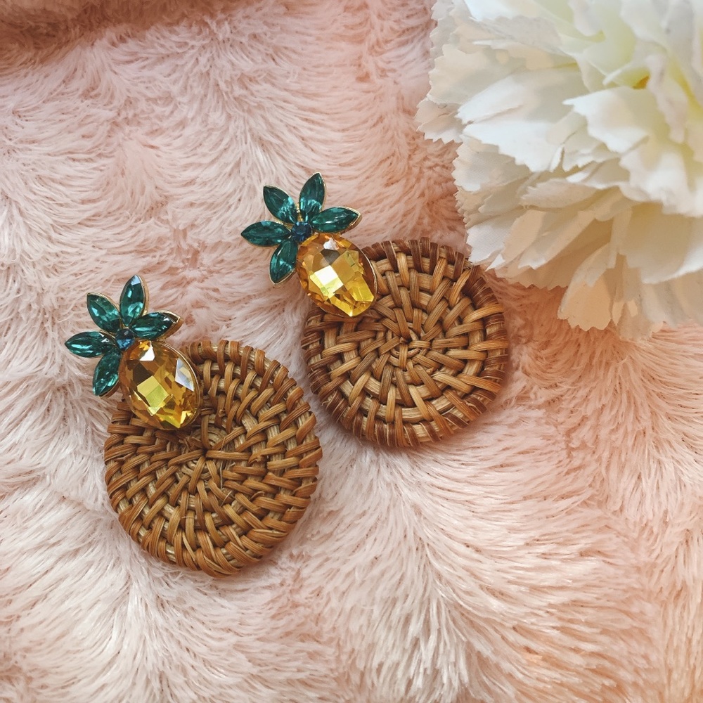 Korean fashion rattan wooden pineapple earrings